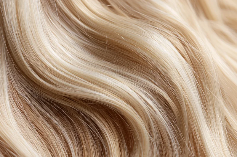 Close-up of flowing blonde hair strands with smooth wavy texture