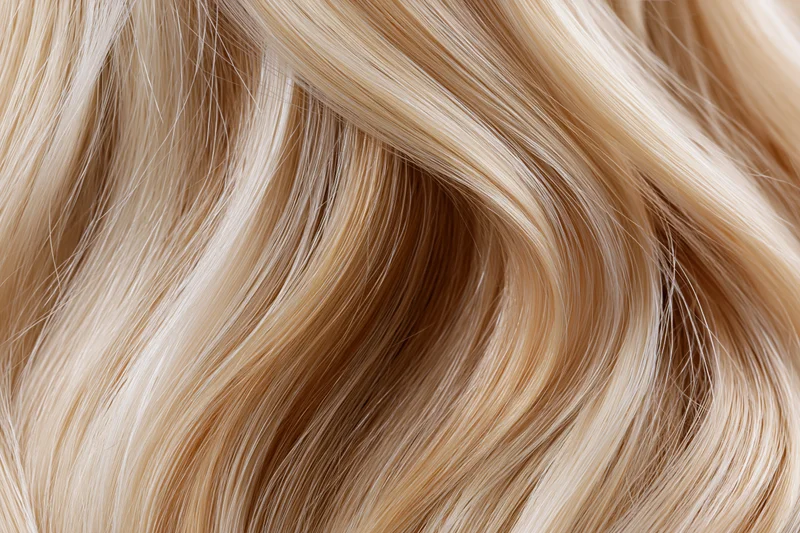 Flowing blonde hair strands in close-up macro view