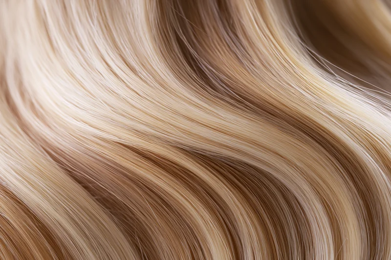Flowing blonde hair strands in close-up macro view