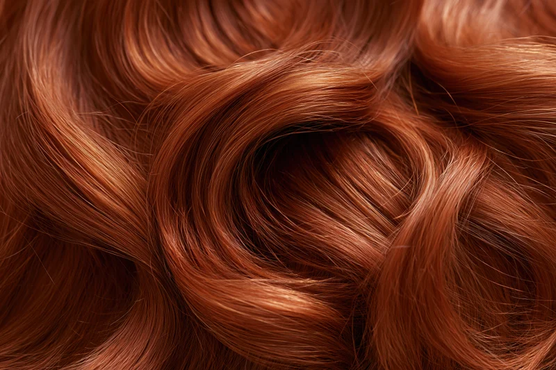 Close-up of flowing red wavy hair with glossy texture filling the frame