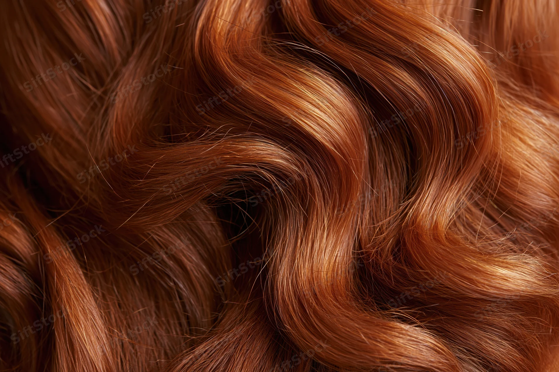 Close-up of flowing red wavy hair strands filling the frame