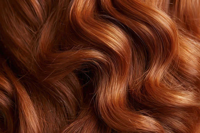 Close-up of flowing red wavy hair strands filling the frame