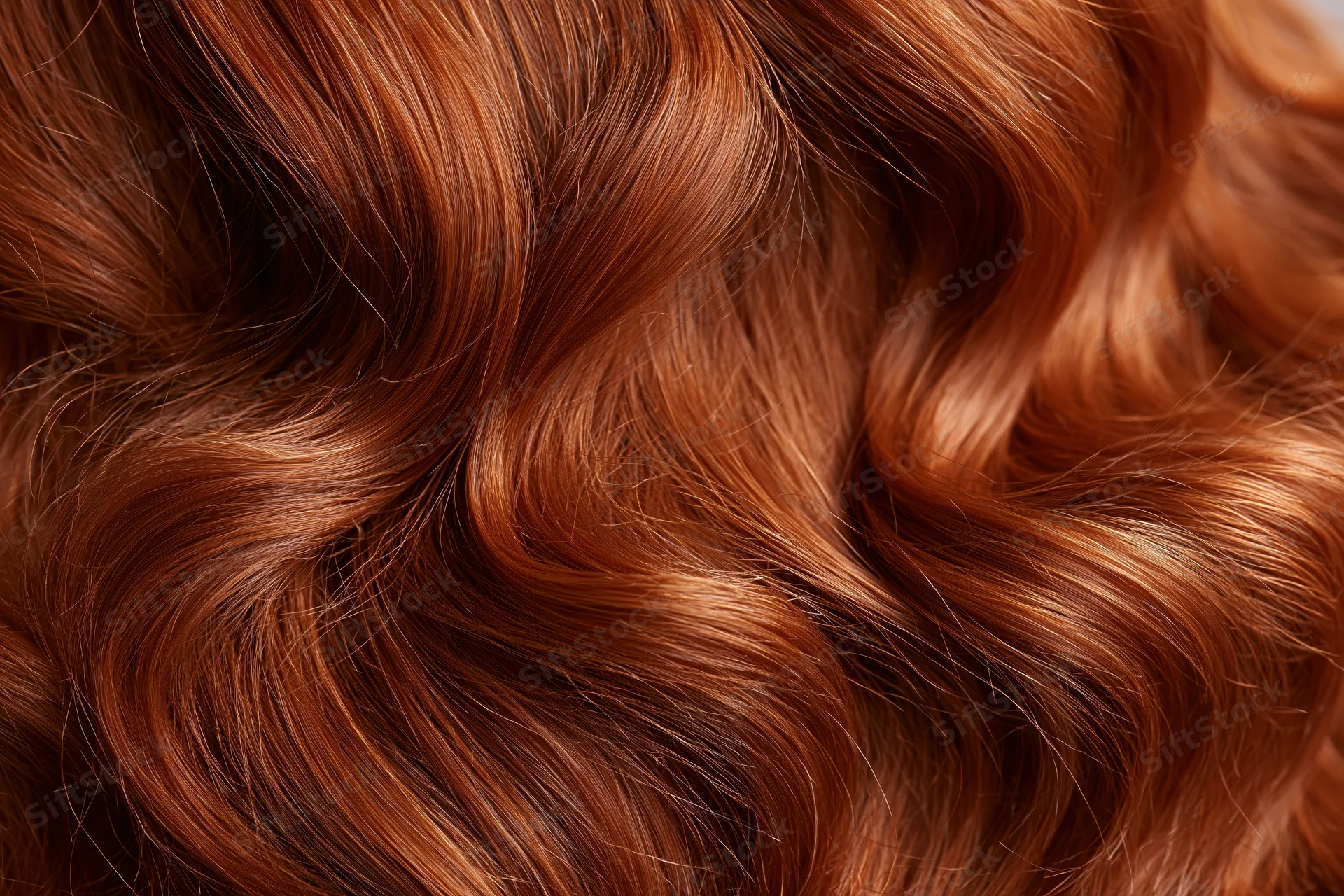 Close-up of flowing red wavy hair strands filling the frame