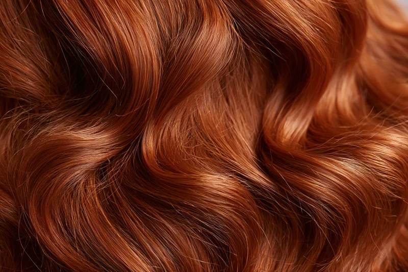 Close-up of flowing red wavy hair strands filling the frame