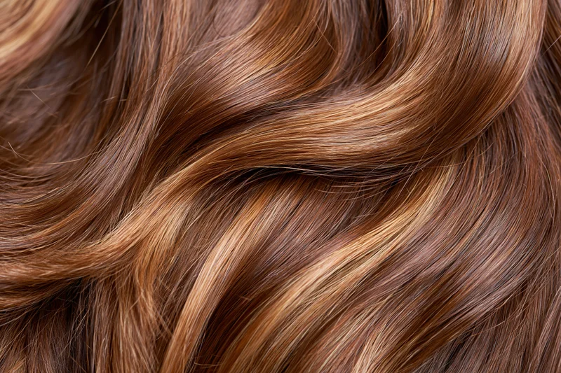 Close-up of glossy brown wavy hair strands with warm highlights