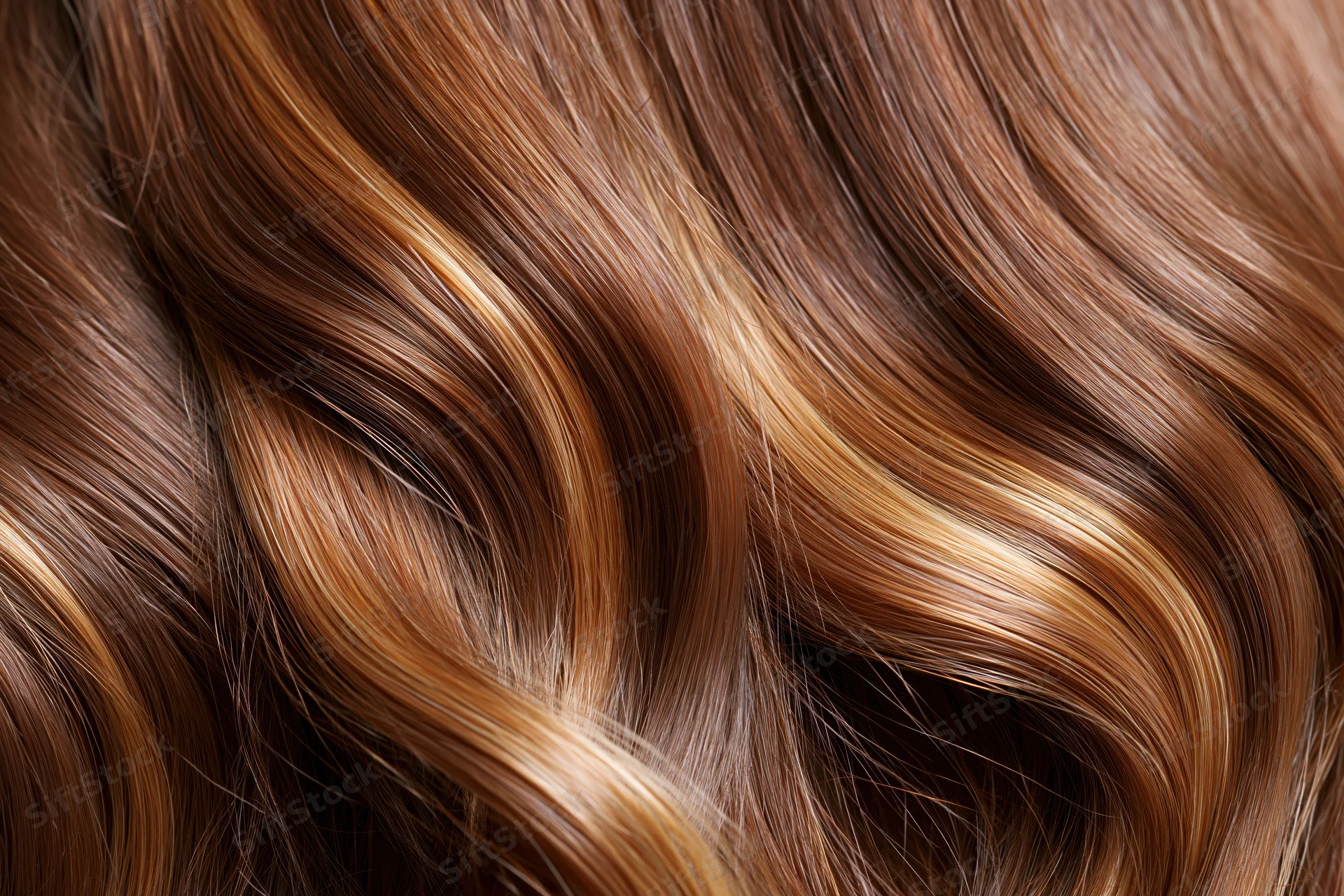 Close-up of glossy brown wavy hair strands with warm highlights