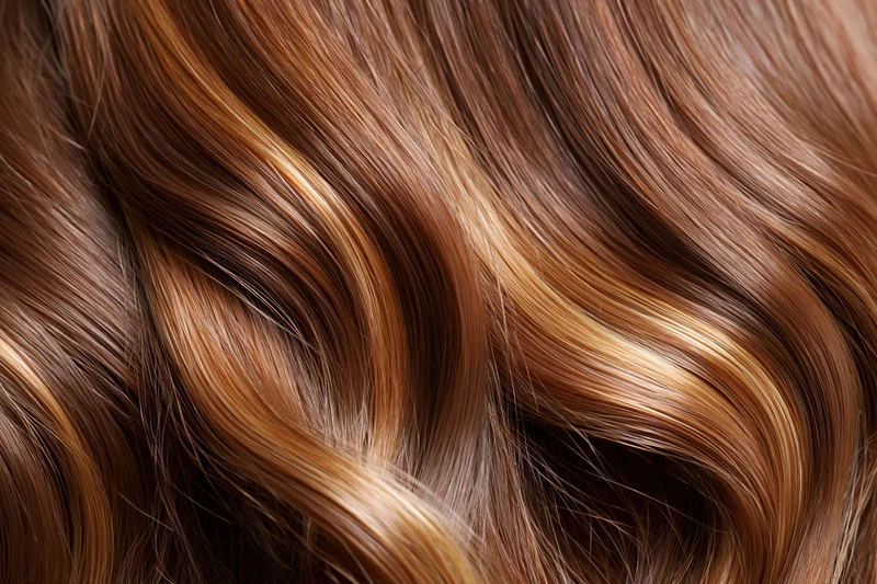 Close-up of glossy brown wavy hair strands with warm highlights