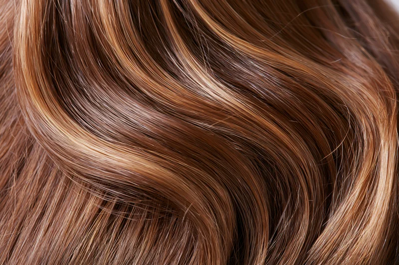 Close-up of glossy brown hair strands with warm highlights and natural waves