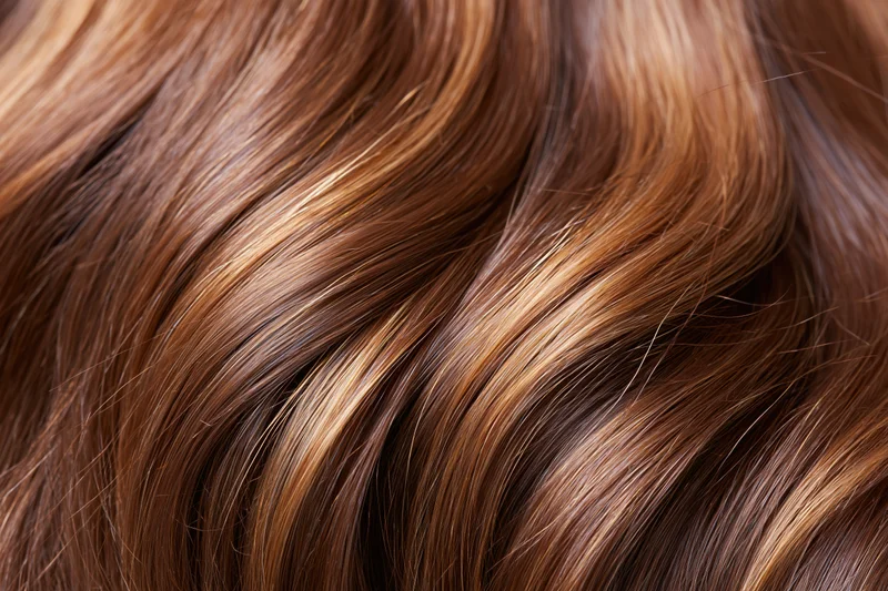 Close-up of glossy brown hair strands with warm highlights and natural waves