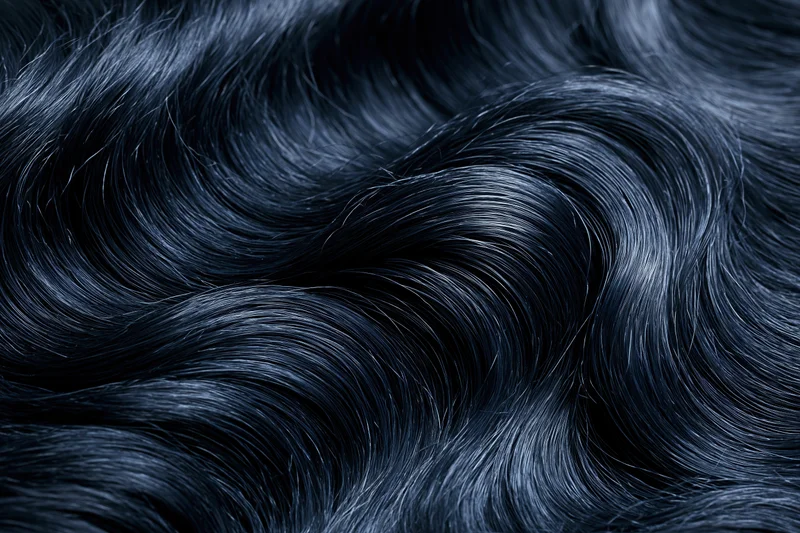 Close-up of glossy dark black wavy hair strands in soft lighting