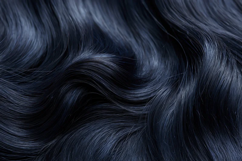 Close-up of glossy dark black wavy hair strands in natural flow