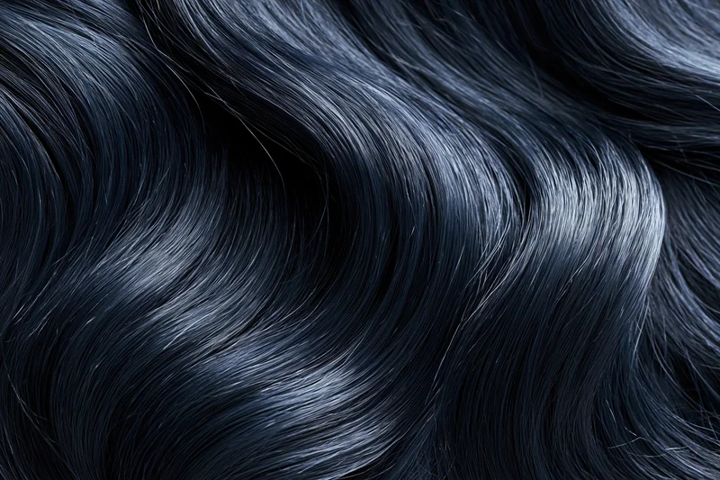 Close-up of glossy dark black wavy hair strands in soft light