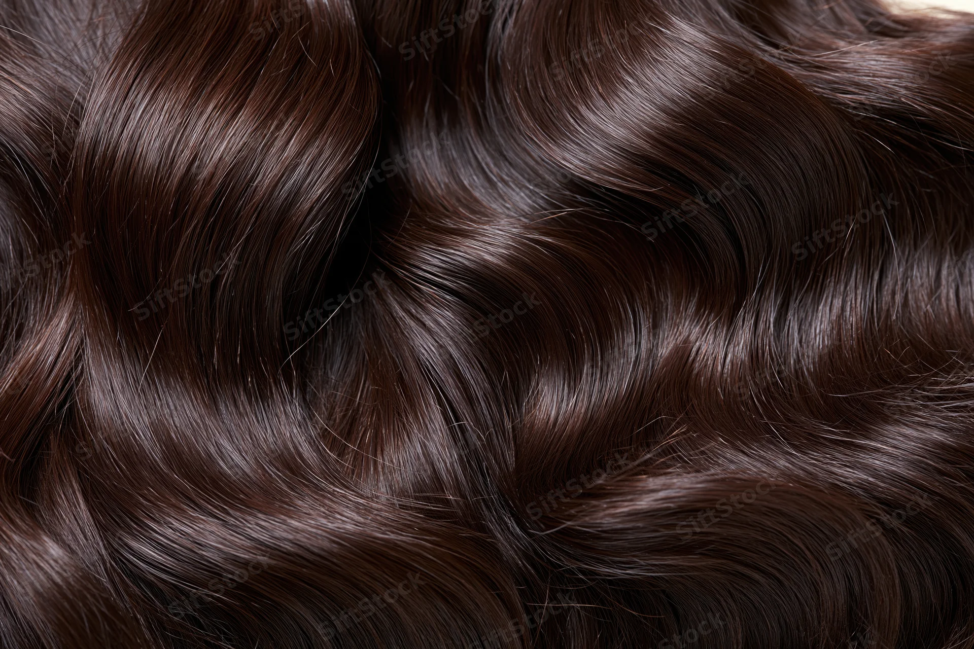 Close-up of glossy dark brown wavy hair filling the frame