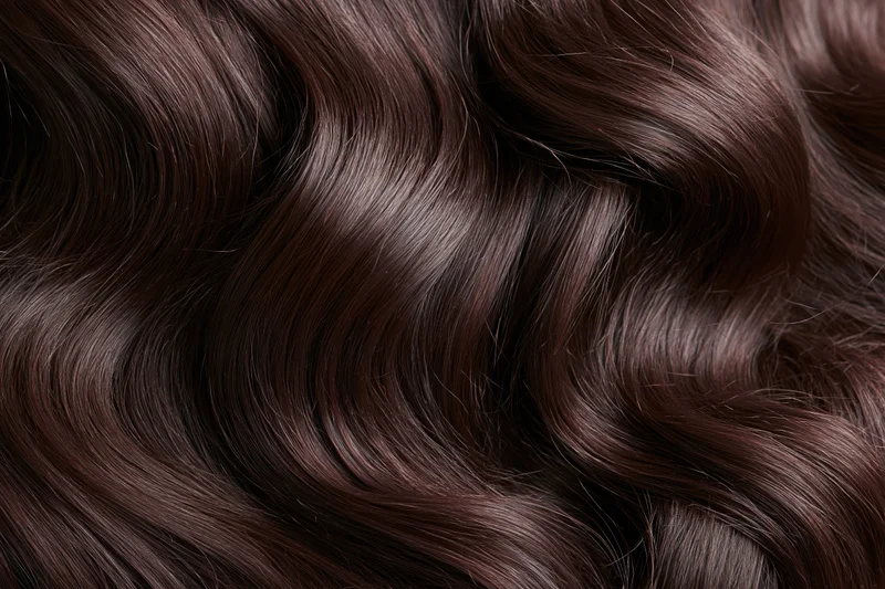 Close-up of glossy dark brown wavy hair filling the frame
