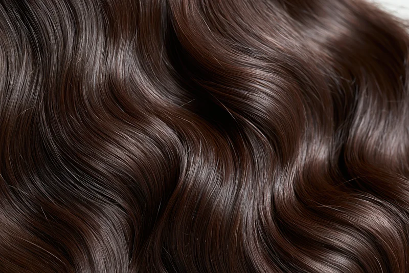 Close-up of glossy dark brown wavy hair filling the frame