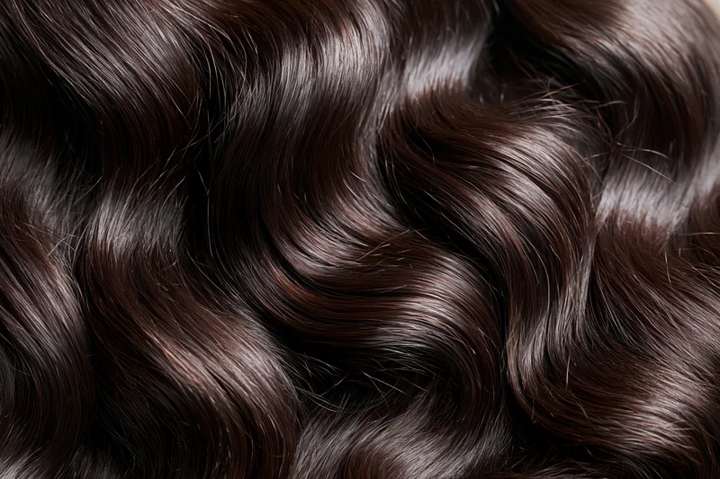 Close-up of glossy dark brown wavy hair filling the frame