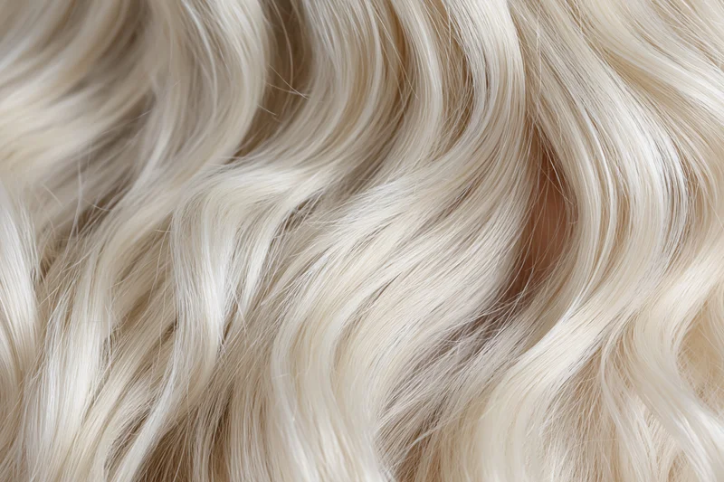 Close-up of platinum blonde wavy hair filling the frame