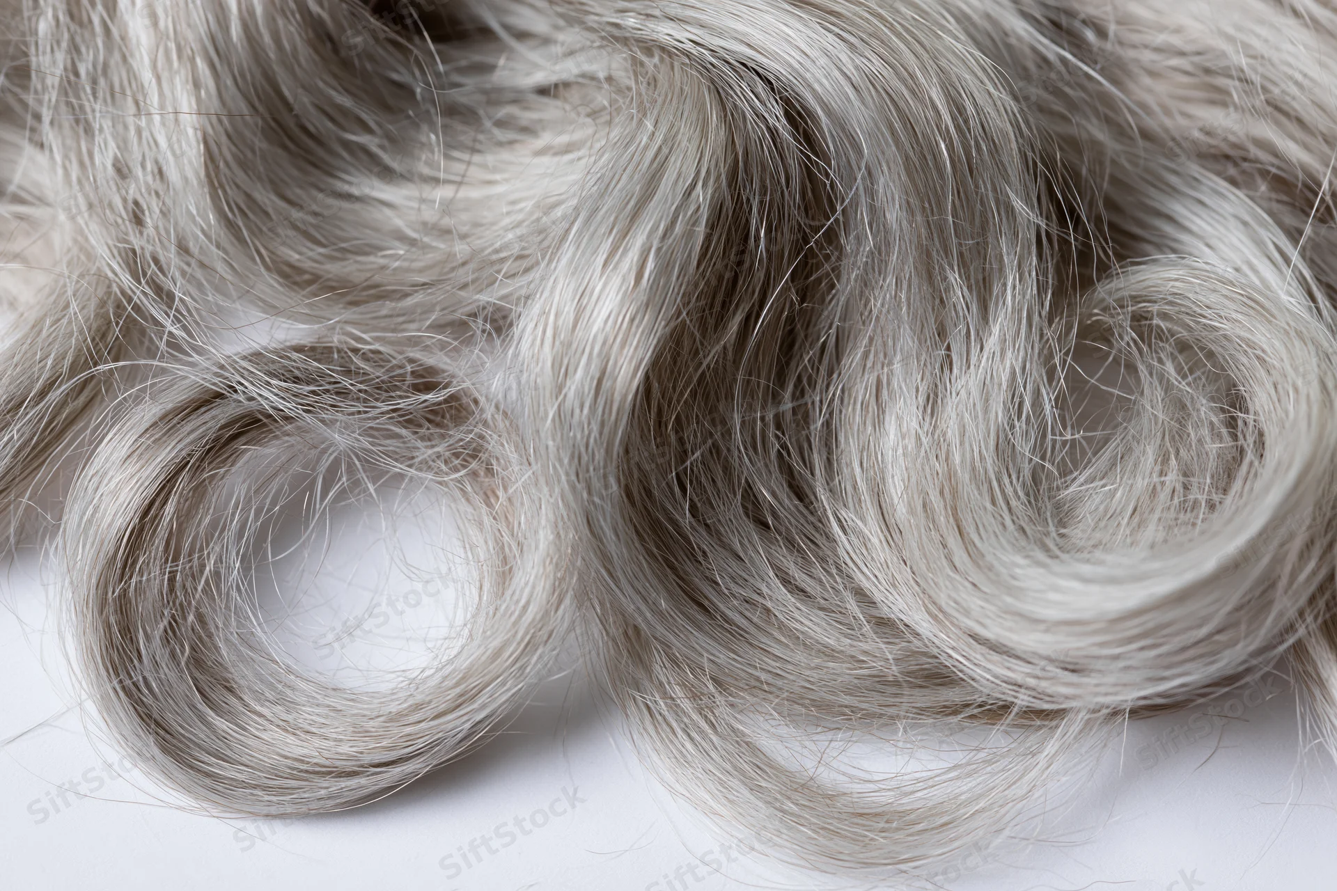 Close-up of silver-grey human hair arranged in loose curls on white background