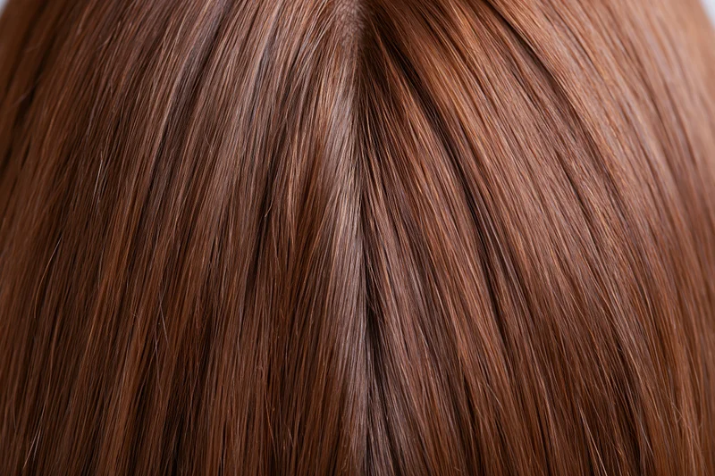 Close-up of straight brown human hair with visible parting and texture