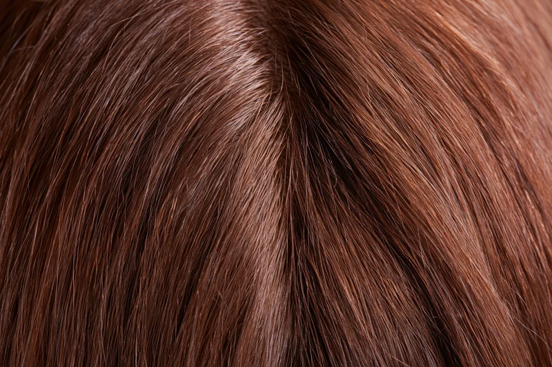 Close-up of straight brown human hair with visible parting and scalp texture