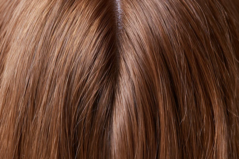 Close-up of straight brown human hair with visible parting and scalp texture