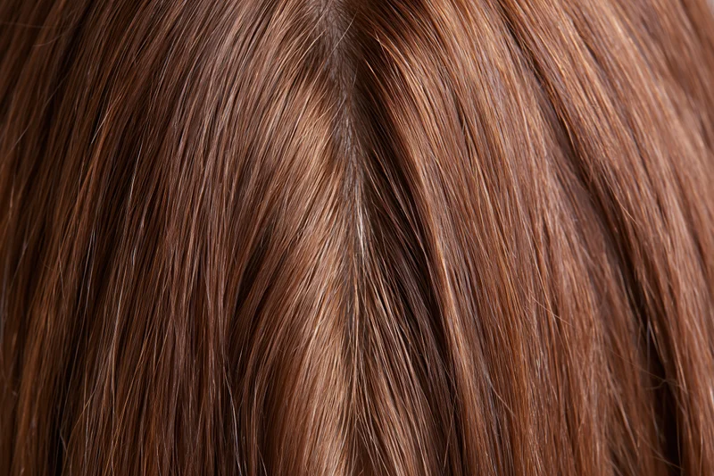Close-up of straight brown human hair with visible parting and scalp texture