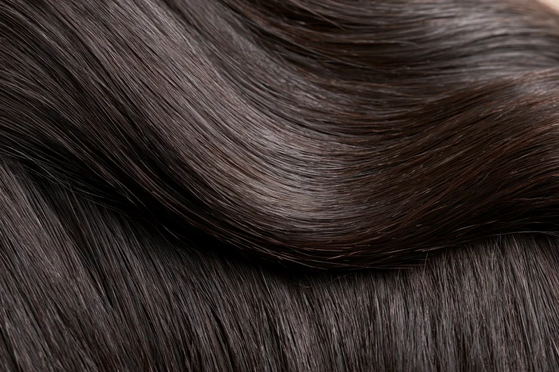 Close-up of straight dark brown-black hair strands showing smooth glossy texture