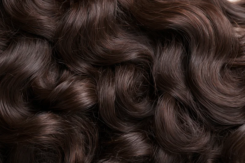 Close-up of thick dark brown wavy hair filling the frame