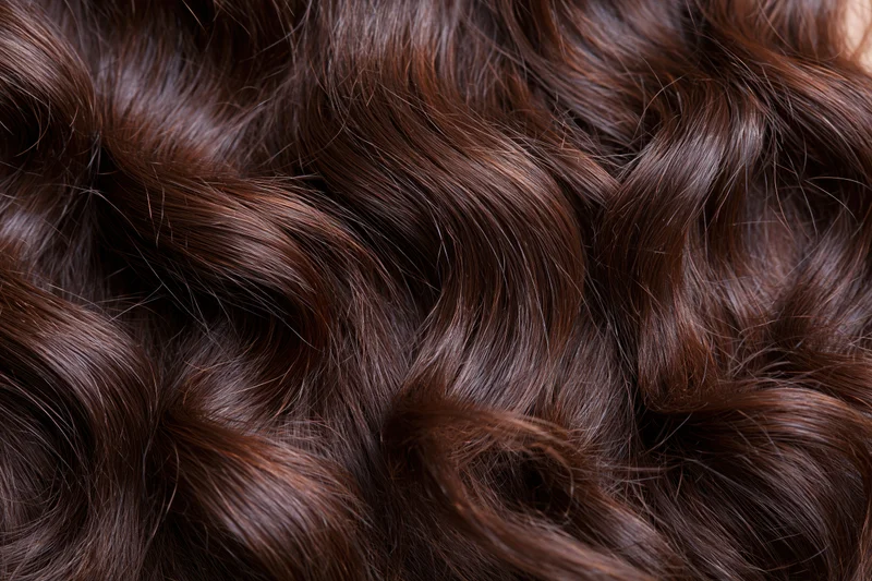 Close-up of thick dark brown wavy hair filling the frame