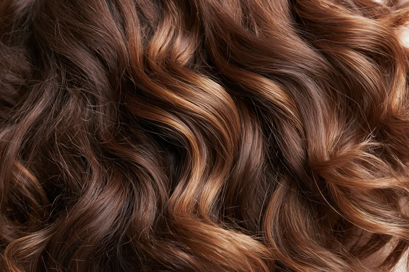 Close-up of thick wavy brown hair with glossy highlights filling the frame
