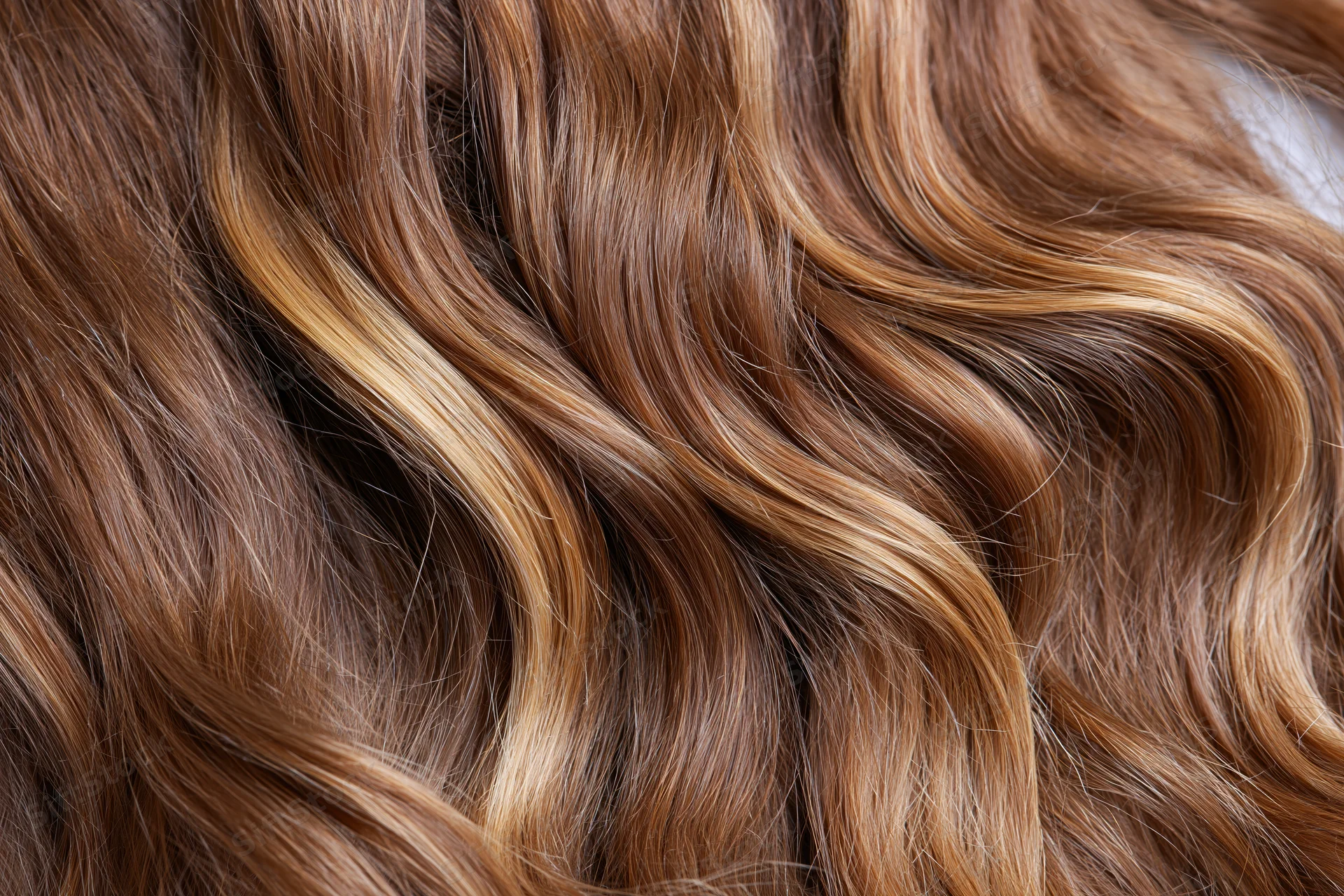Close-up of thick wavy brown hair with highlights filling the frame