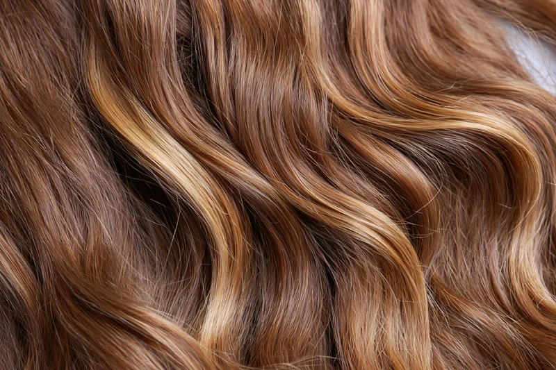Close-up of thick wavy brown hair with highlights filling the frame