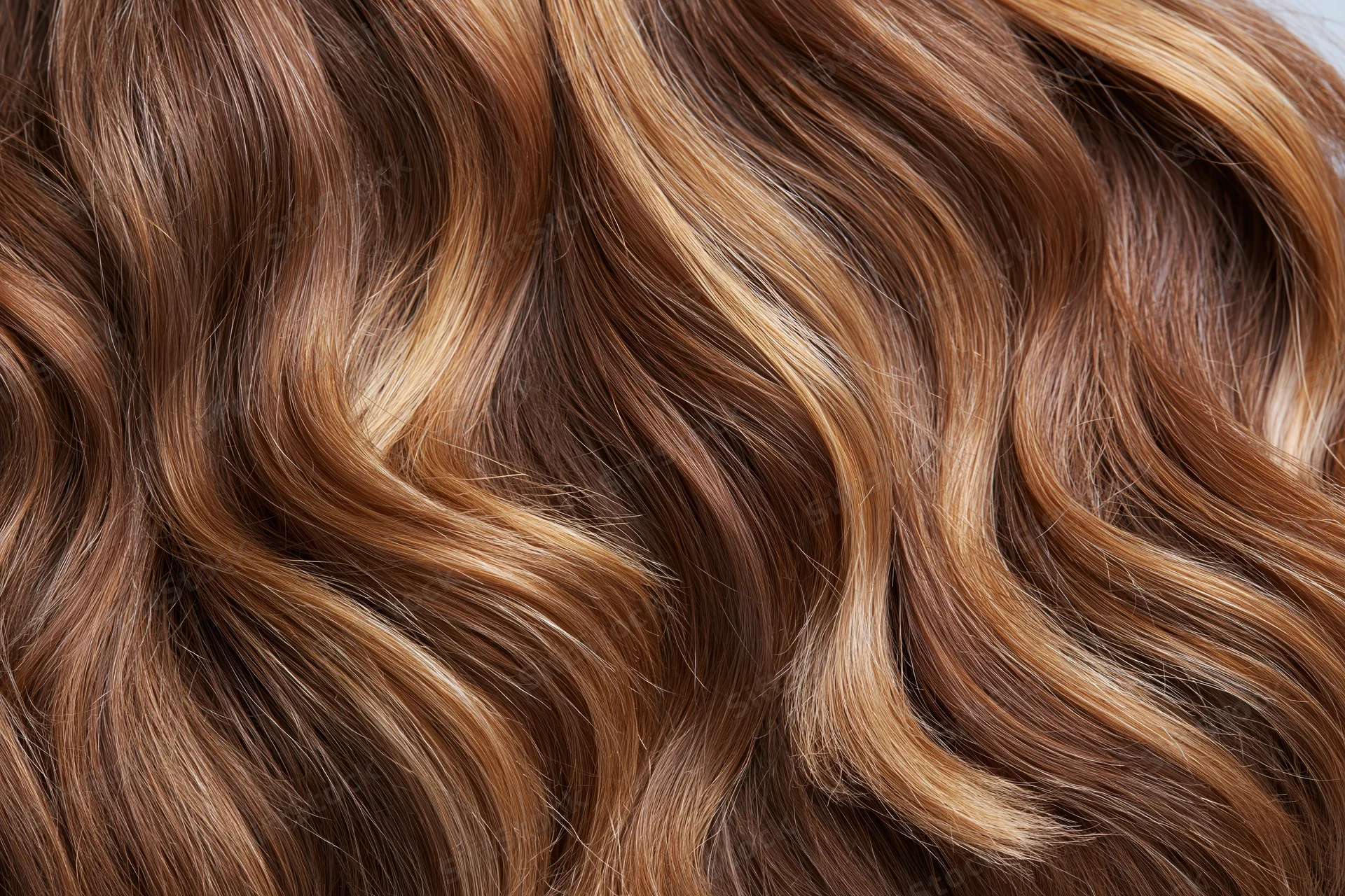 Close-up of thick wavy brown hair with highlights filling the frame