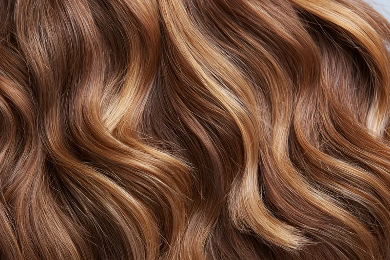 Close-up of thick wavy brown hair with highlights filling the frame