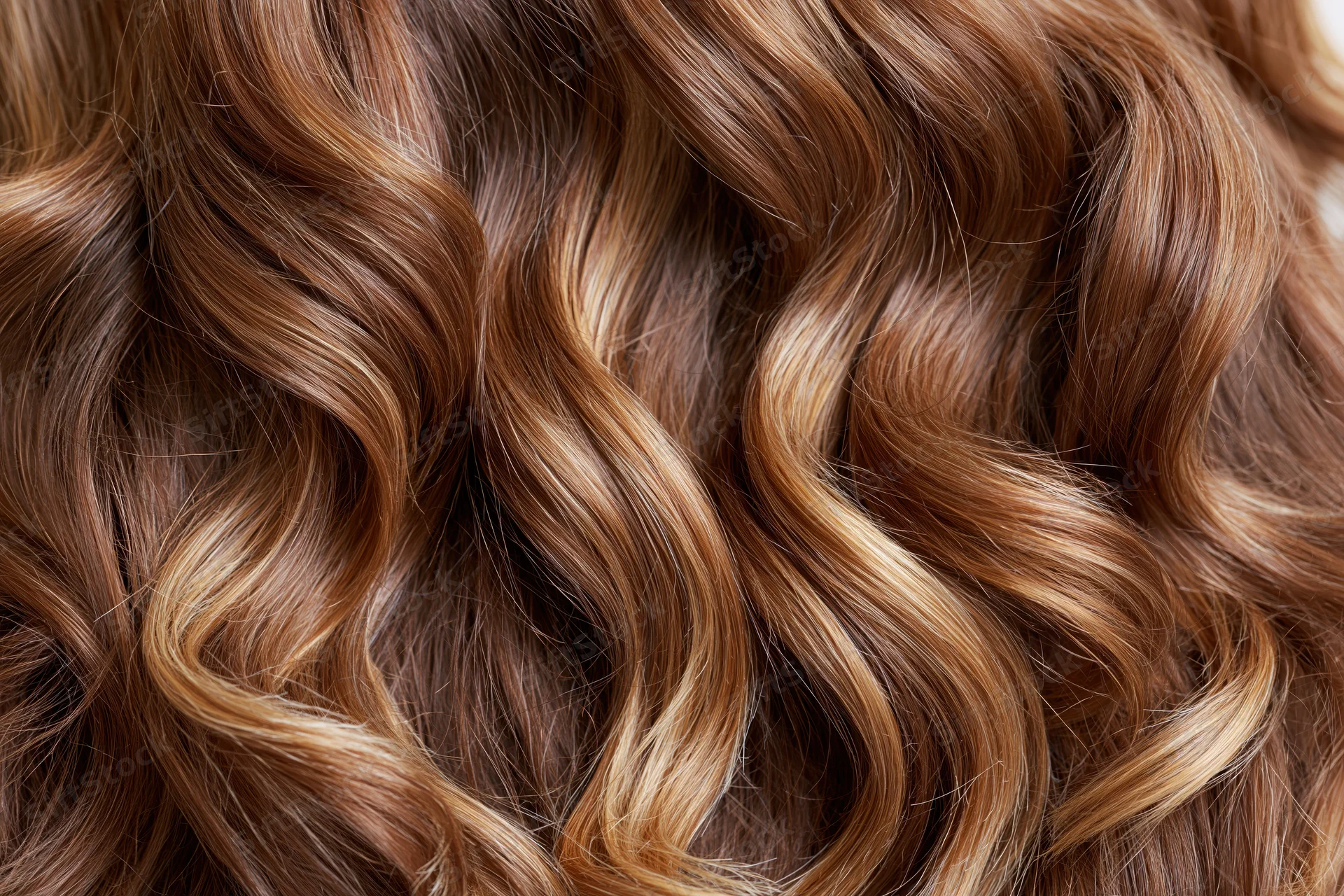 Close-up of thick wavy brown hair with glossy highlights filling the frame