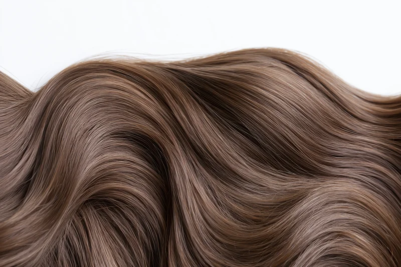 Close-up of thick wavy brown hair strands arranged in flowing waves against white background