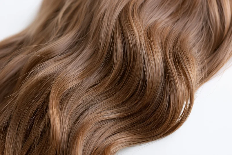 Closeup of thick wavy brown hair strands on white background