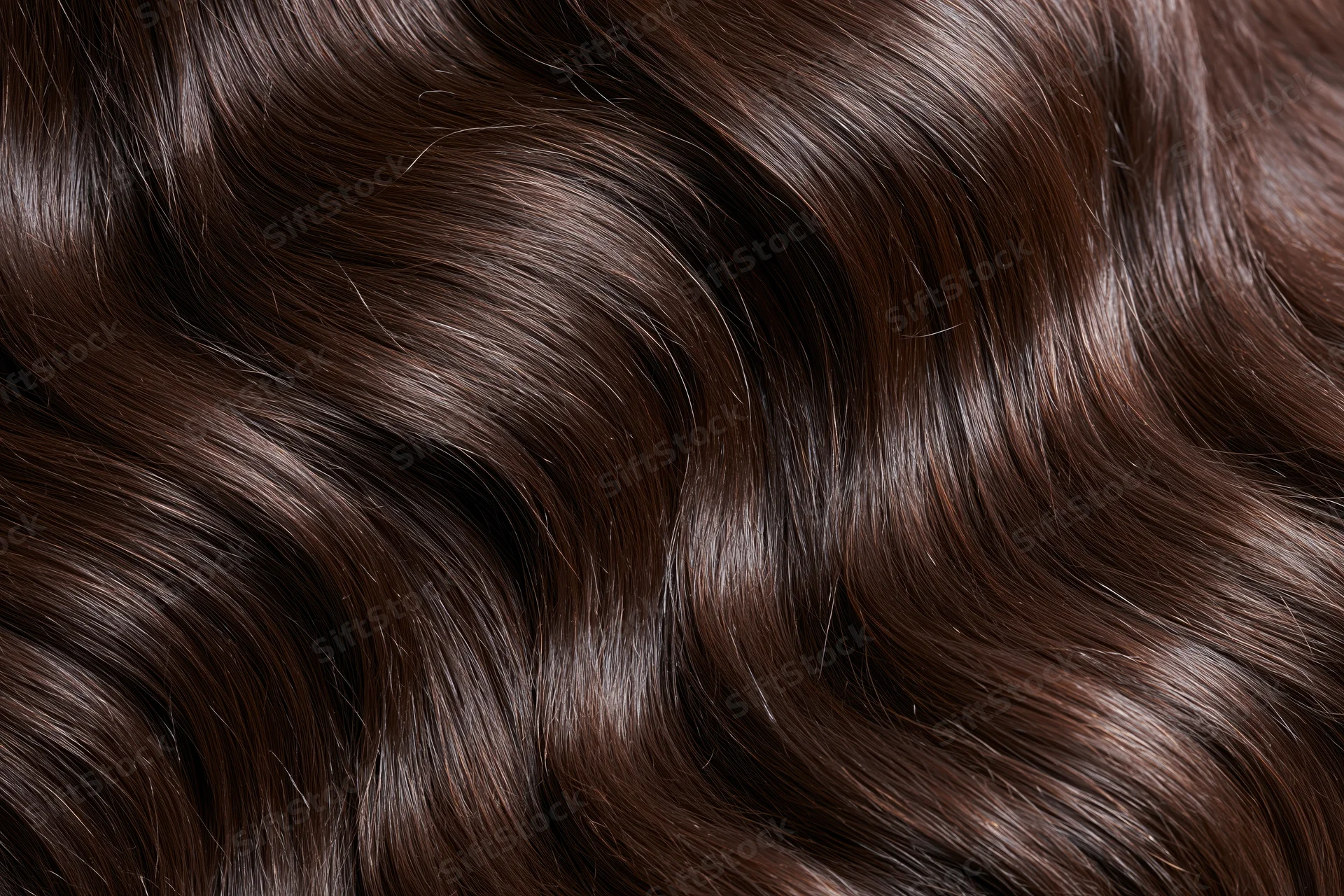 Close-up of thick wavy dark brown hair filling the frame