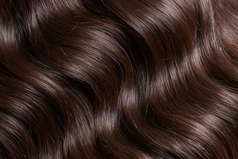 Close-up of thick wavy dark brown hair filling the frame