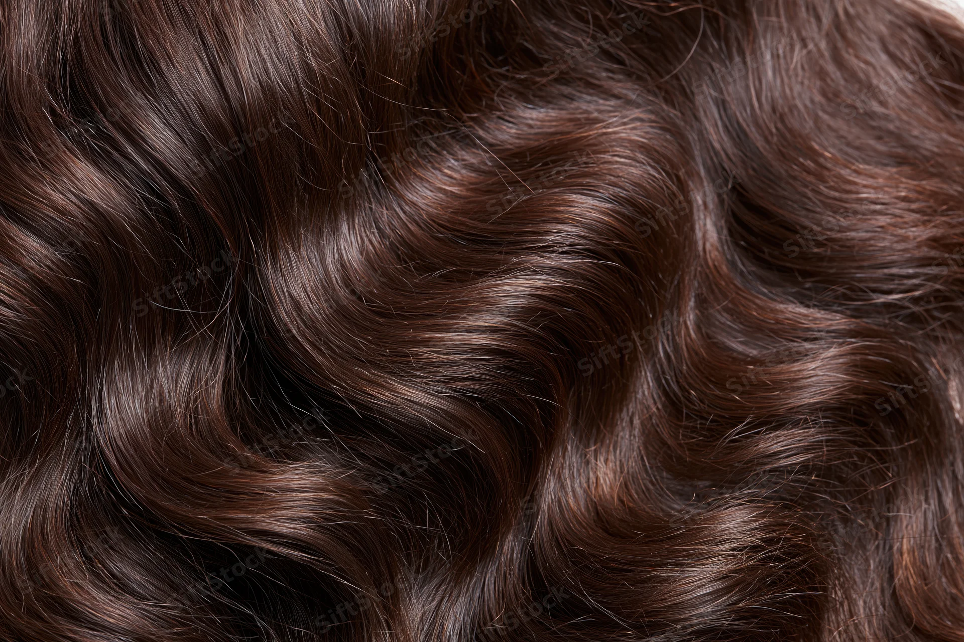 Close-up of thick wavy dark brown hair filling the frame