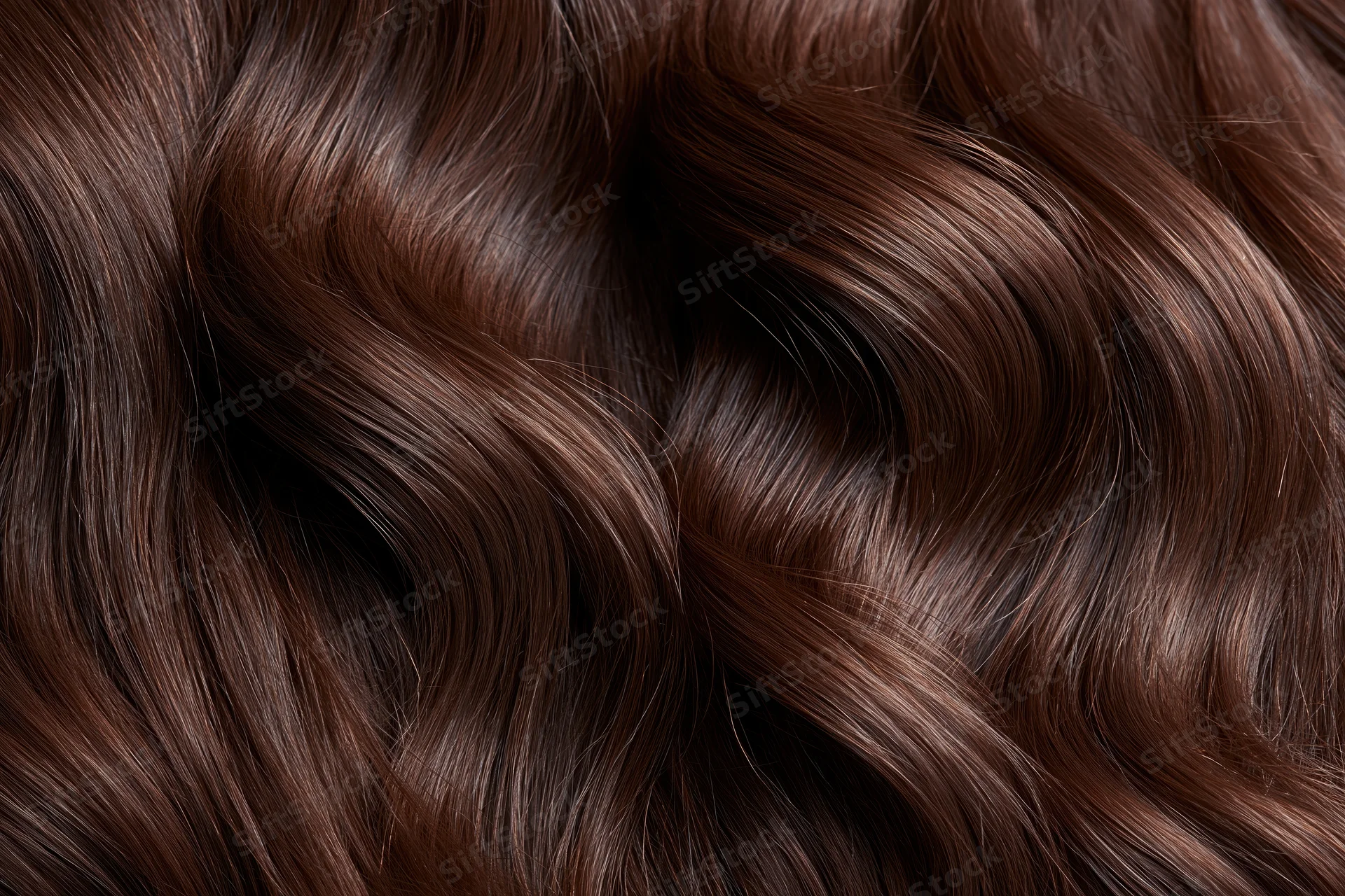 Close-up of thick wavy dark brown hair filling the frame