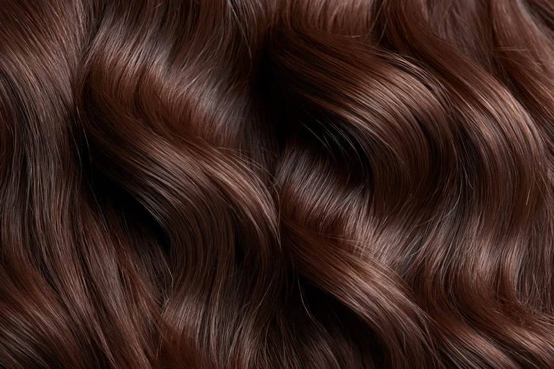 Close-up of thick wavy dark brown hair filling the frame