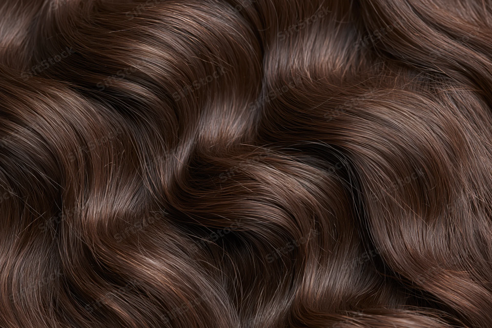 Close-up of thick wavy dark brown hair filling the frame