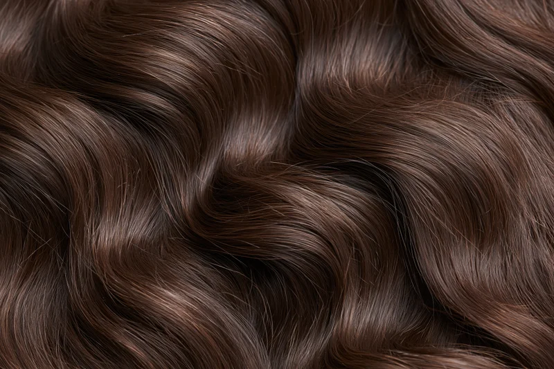 Close-up of thick wavy dark brown hair filling the frame