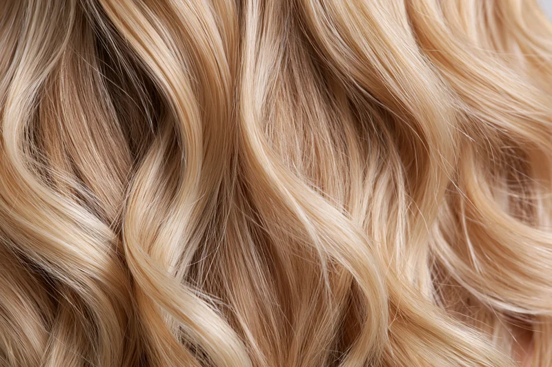 Close-up of wavy blonde hair filling the frame