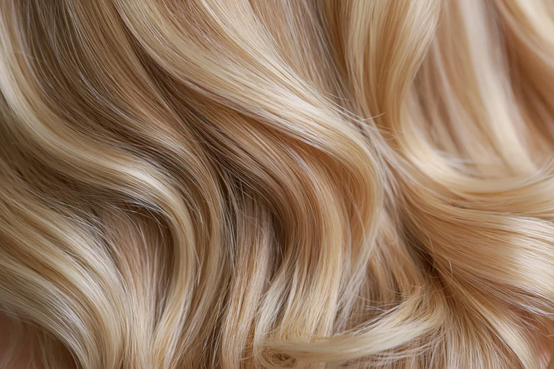 Close-up of wavy blonde hair filling the frame