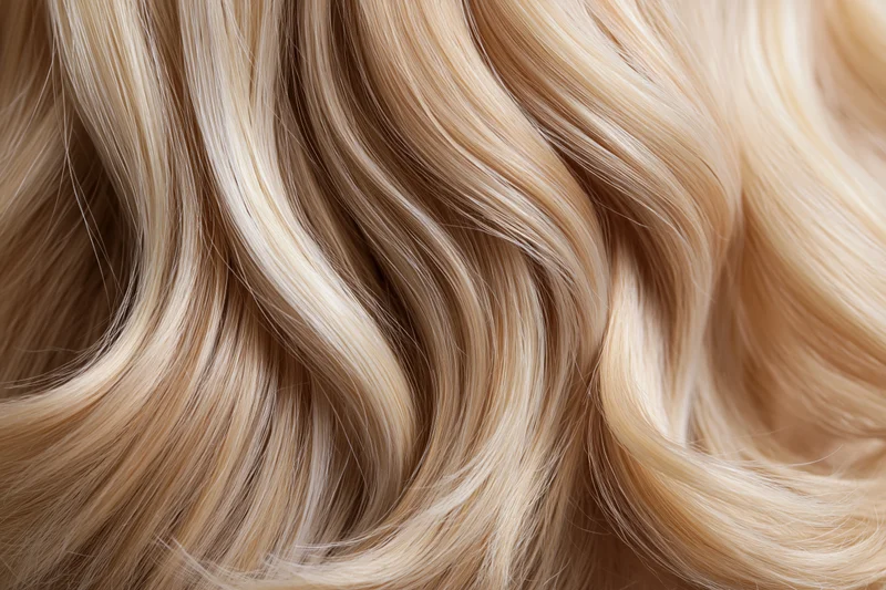 Close-up of wavy blonde hair filling the frame