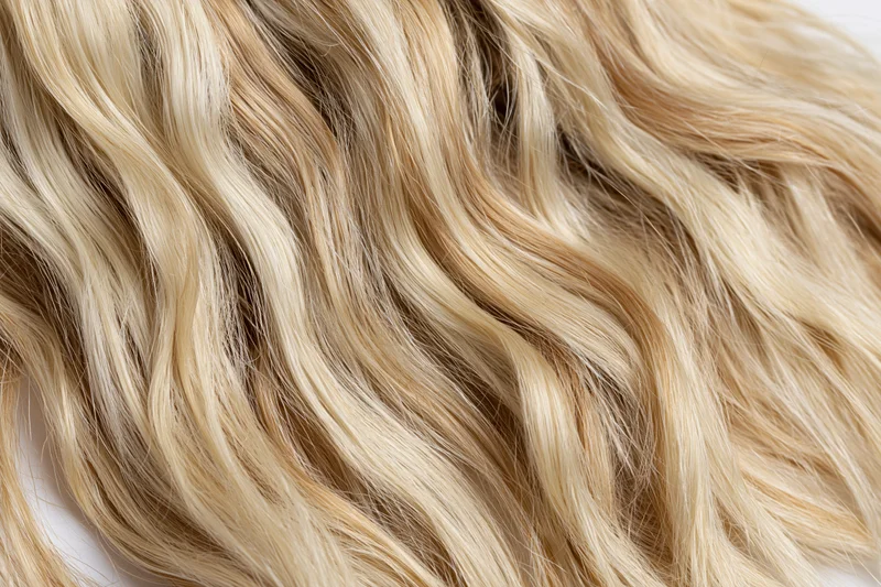 Close-up of wavy blonde hair strands laid flat on white background