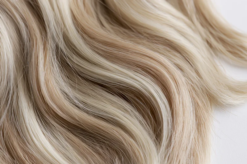 Close-up of wavy blonde hair strands laid flat on a white surface