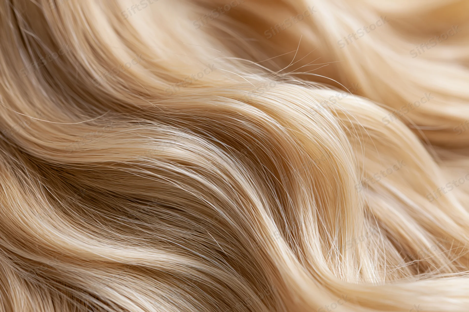 Close-up of wavy blonde human hair with smooth texture and natural shine